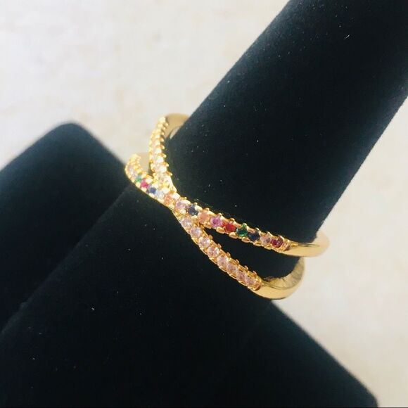 Rainbow Pave Cubic Zirconia Crystals Crossover Eternity Band Ring NWT - Picture 4 of 6